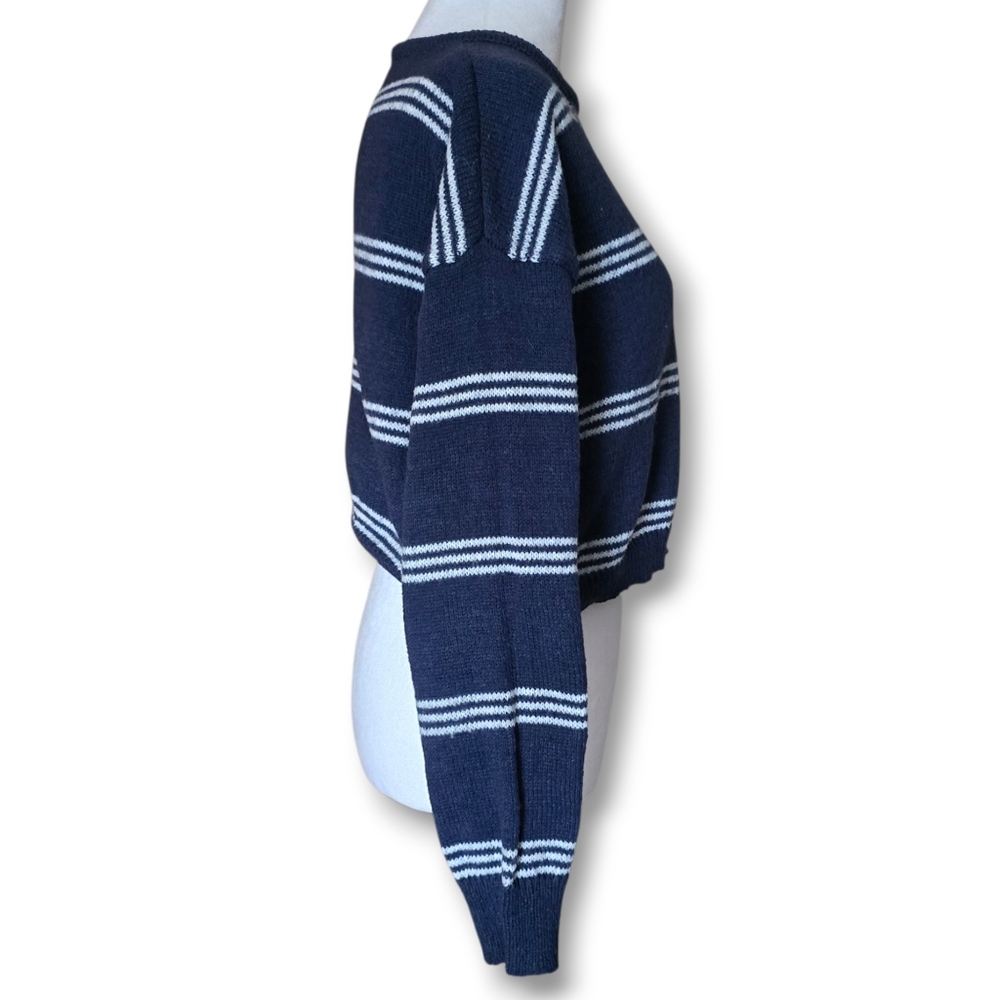 Romwe Navy Blue Striped Cropped Oversize Sweater - Size Small - Picture 2 of 7